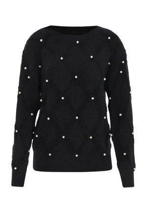 Fekete pulóver, textúrált mintával, kiemelkedő gyémánt alakzatokkal és gyöngy díszítéssel. Bordás nyakkivágás és mandzsetta.