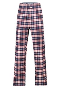 Plaid pajama pants in navy, red, and white. Soft fabric with an elastic waistband and straight-leg design features a checkered pattern.