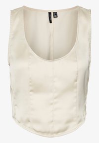 Krémový saténový crop top s kulatým výstřihem, bez rukávů a viditelným švem uprostřed.