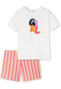 T-shirt en coton blanc avec un graphique coloré "FILLE" et un design de papillon ; associé à des shorts rayés roses et oranges.