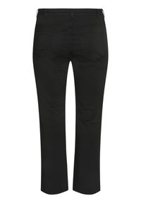 Schwarze Jeans mit geradem Schnitt. Verfügt über zwei Gesäßtaschen und Gürtelschlaufen. Glatte Textur und einfaches Design ohne Verzierungen.