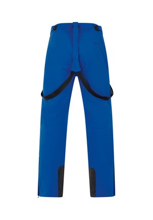 Modré vonkajšie nohavice s čiernymi akcentmi na leme, zosilnenými kolenami, bočnými zipsami, pásovými popruhmi a hladkým, vodoodpudivým povrchom.