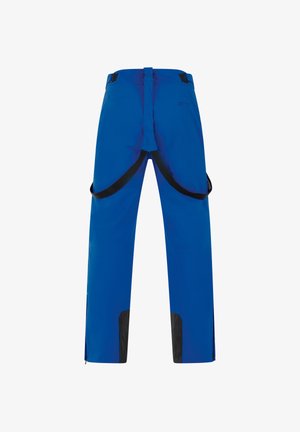 Niebieskie spodnie outdoorowe z czarnymi akcentami na końcach, wzmocnionymi kolanami, bocznymi zamkami, paskami w talii i gładką, wodoodporną teksturą.