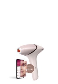 Dispositivo Philips Lumea in rosa chiaro con rifiniture bianche, dotato di una finestra luminosa rettangolare e manico ergonomico. Accompagnato da uno smartphone che mostra l'app SkinAI.