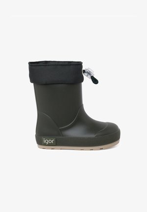 Zwarte rubberen regenlaarzen met een getextureerd donkergroen lichaam, ronde neus en een zwarte stoffen rand. Voorzien van een trekkoord voor aanpassing.