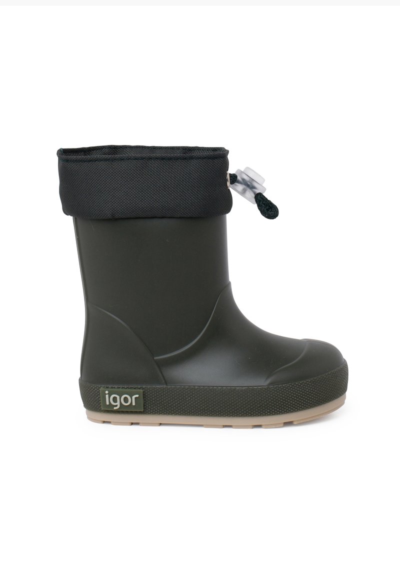 Botte de pluie en caoutchouc noire avec un corps texturé vert foncé, bout rond et un col en tissu noir. Elle dispose d'un cordon de serrage pour l'ajustement.