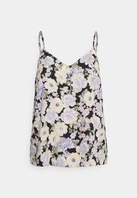 Camisola floral com alças finas ajustáveis, fundo preto, flores de várias cores, decote em V e pequeno detalhe de botão na bainha da frente.