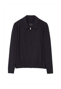 Giacca nera con zip, colletto, orlo elasticizzato e maniche lunghe; realizzata in tessuto liscio con un design minimalista.