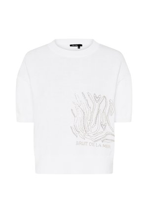 Weißer Pullover mit kurzen Ärmeln, rundem Ausschnitt und abstraktem gepunktetem Wellenmuster mit dem Text „BRUIT DE LA MER“ unten vorne rechts.