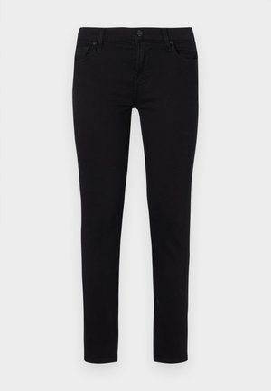 Črne ozke kavbojke iz mešanice bombaža, z zapiranjem na sprednjem delu s preklope in zadrgo, petimi žepi ter gladko teksturo.