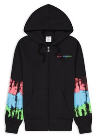 Felpa nera con zip realizzata in tessuto misto cotone. Presenta un motivo tie-dye colorato sulle maniche e un piccolo logo ricamato sul petto.