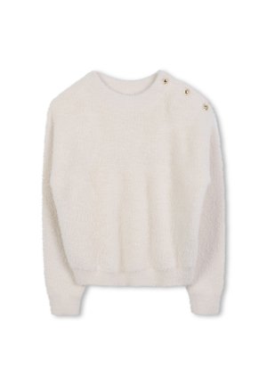 Pull en laine blanc et duveteux avec un col rond, un ourlet côtelé et trois boutons décoratifs dorés sur l'épaule gauche. Texture douce, coupe décontractée.