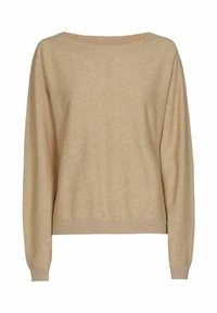 Beige Oversize-Pullover aus weichem Material, mit weitem Halsausschnitt, gerippten Bündchen und geradem Saum mit Nahtdetails auf der Vorderseite.
