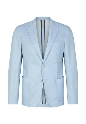 Lichtblauwe blazer met een gestructureerde afwerking, met gesneden revers, twee voorkeurszakken en een sluiting met één knoop. Beschikt over gestreepte voering.
