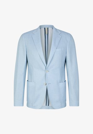 Blazer bleu clair avec une finition texturée, revers crantés, deux poches avant et une fermeture à un bouton. Présente une doublure rayée.