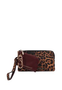 Leopard print wallet with a maroon zipper pouch, featuring gold hardware and a wrist strap. Textured fabric with smooth accents.
