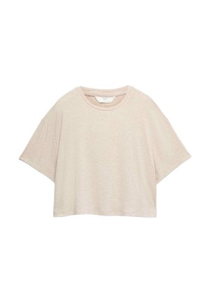 Beige cropped kortærmet strikket top med rund halsudskæring og afslappet pasform, mærkat med M&S inde i kraven.