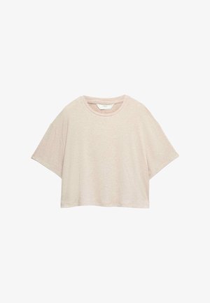 Beige cropped kortærmet strikket top med rund halsudskæring og afslappet pasform, mærkat med M&S inde i kraven.