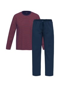 Maglietta a maniche lunghe a righe rosse e blu con colletto rotondo, abbinata a pantaloni navy con vita elasticizzata. Tessuto leggero, design casual, senza fantasie visibili.