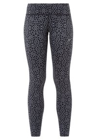Leggings neri con un motivo floreale geometrico bianco, dotati di un alto cinturino in vita e una texture elastica e liscia, adatta per l'esercizio.