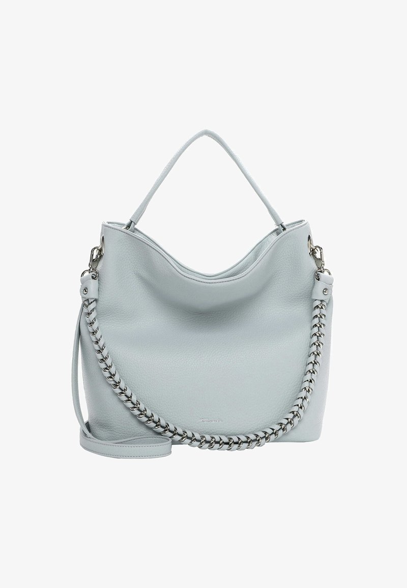 Jasnoniebieska skórzana torebka o zaokrąglonym kształcie, wyposażona w pasek z łańcuszkiem i miękką fakturą, odpowiednia do codziennego użytku.