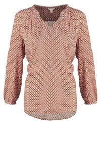 Blusa a maniche lunghe in arancione e bianco con un motivo geometrico. Presenta un collo a V, dettagli arricciati sulle spalle e polsini elastici.