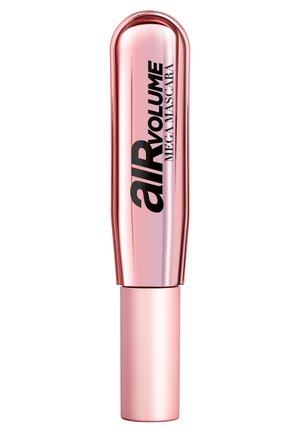 Tube de mascara rose doré avec un haut arrondi, étiqueté "aIR VOLUME MEGA MASCARA" en noir. Fini métallique lisse, forme cylindrique et base rose.