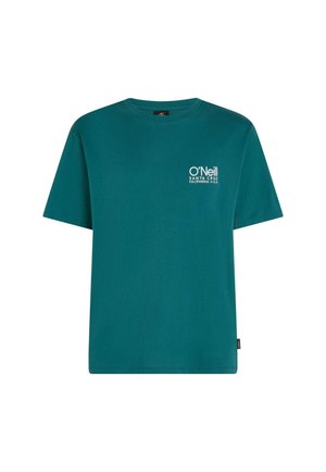 Petrolejové tričko s krátkym rukávom vyrobené z bavlny. Má biele logo na hrudi a rovný strih. Hladká textúra, neformálny dizajn.