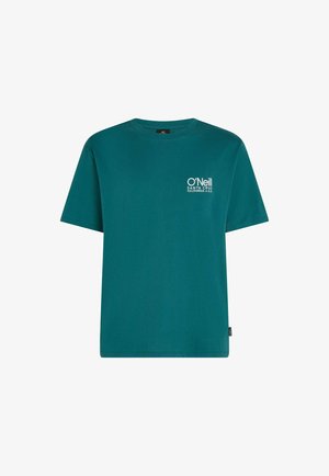 Teal short-sleeve T-shirt made of cotton. Features a white logo on the chest and a straight cut. Smooth texture, casual design.