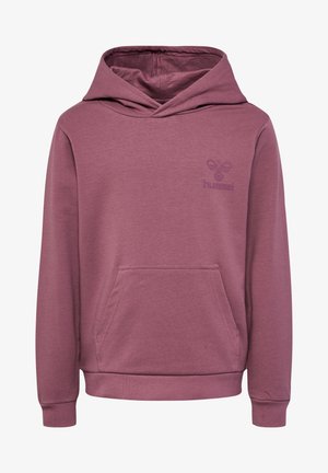 Felpa in cotone viola con tasca frontale a marsupio, polsini a costine e logo ricamato sul petto. Texture morbida, design casual.