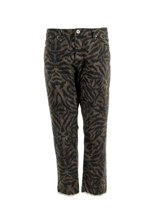 Jeans à imprimé animal noir et marron avec une taille haute, une coupe droite, cinq poches et un ourlet effiloché. Fabriqués en tissu en denim.