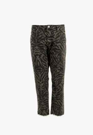 Pantalones vaqueros con estampado animal en negro y marrón, de cintura alta, diseño recto, cinco bolsillos y detalle de dobladillo deshilachado. Fabricados en tela de mezclilla.