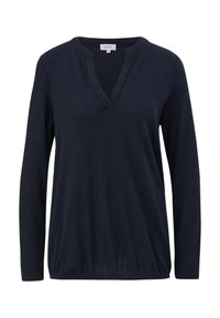 Marinblå långärmad topp med V-ringning och rynkad nederkant. Tillverkad av mjukt material med en avslappnad passform och utan synliga mönster eller detaljer.