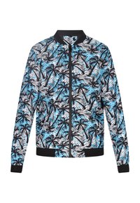 Bomberjack met een tropisch bladmuster in zwart, wit en blauw. Gemaakt van gladde stof met ribbels aan de mouwen en hals.