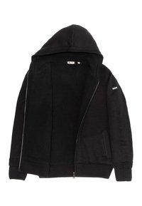 Czarna kurtka z kapturem, z miękkim, czarnym pluszowym wnętrzem, ściągaczami na rękawach i kieszeniami po bokach. Zawiera gładki zamek błyskawiczny oraz teksturowane akcenty dzianinowe.