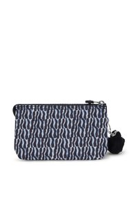 Zippered pouch featuring a blue and black abstract pattern. Made of fabric, with a soft, textured finish and a pom-pom accent.