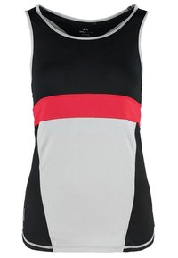 Débardeur de sport sans manches noir, blanc et rouge avec un col rond et un design en bloc de couleurs.