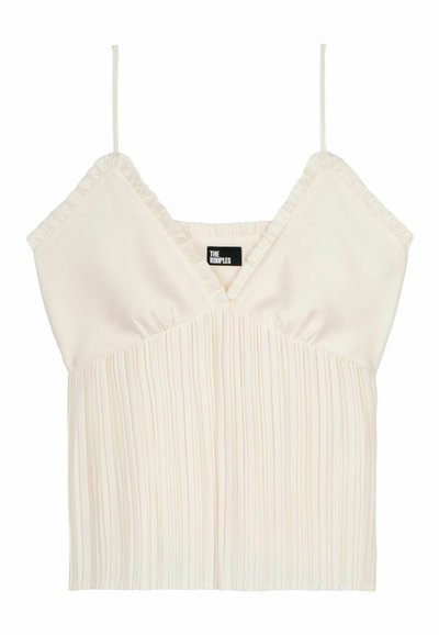 Plissékruid top met ruffle schouderbanden en een V-hals ontwerp. Gemaakt van lichtgewicht stof met gestructureerde lijnen voor extra detail.
