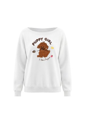 Hvid sweatshirt med en blød brun hvalp, der holder i en snor, tekst "Puppy Girl" over og "I Love Puppies" under hvalpedesignet.