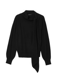 Schwarzer gestrickter Pullover mit einem drapierten, gebundenen Kragen, langen puffigen Ärmeln und geripptem Saum. Weiche Textur mit einer figurbetonten Silhouette.