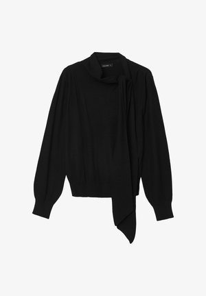 Schwarzer gestrickter Pullover mit einem drapierten, gebundenen Kragen, langen puffigen Ärmeln und geripptem Saum. Weiche Textur mit einer figurbetonten Silhouette.