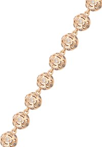 Bracciale in oro rosa con maglie sferiche forate decorate con gemme trasparenti, creando un design delicato e testurizzato.