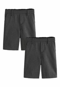 Gray shorts made of textured fabric, featuring a waistband with elastic and belt loops. Two front pockets visible, with a relaxed fit.