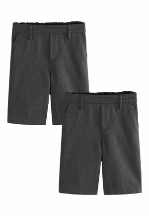 Gray shorts made of textured fabric, featuring a waistband with elastic and belt loops. Two front pockets visible, with a relaxed fit.