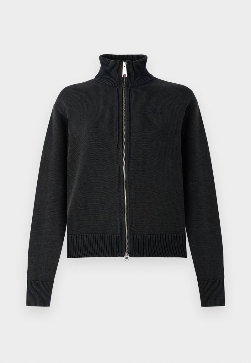 Black zip-up knit sweater with a high collar and ribbed hem. Features a full front zipper and long sleeves. Smooth texture with minimal detailing.