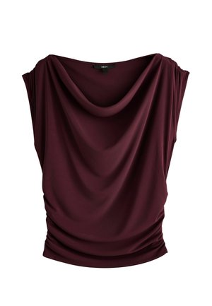 Bordeauxrode top met cap sleeves, zachte stof en geplooide zijkanten. Gladde textuur met een ontspannen pasvorm en een ronde halslijn.