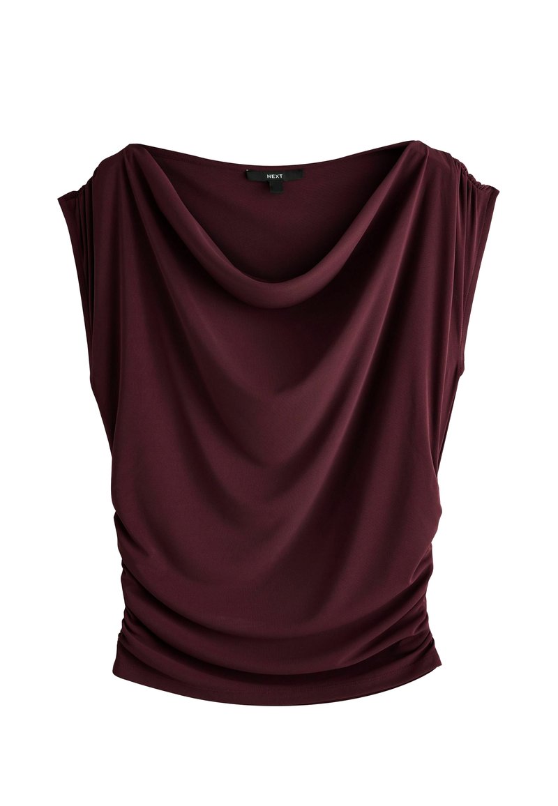 Bourgognefarvet top med kapærmer, blødt stof og rynkede sider. Glat tekstur med en afslappet pasform og rundet halsudskæring.