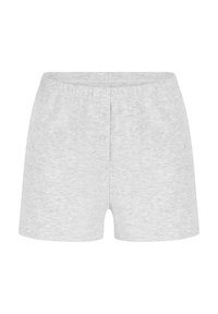 Helle graue Baumwollshorts mit einem elastischen Bund und einer vorderen Knopfleiste mit drei Knöpfen. Weiche, glatte Textur und entspannter Schnitt.