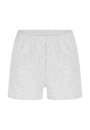Ljusgrå bomullsshorts med elastiskt midjeband och en framficka som har tre knappar. Mjuk, slät textur och avslappnad passform.