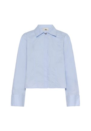 Svijetloplava kratka košulja s ovratnikom i dugim rukavima. Sadrži zatvaranje na gumbe i uspravne šavove. Glatka tekstura tkanine.